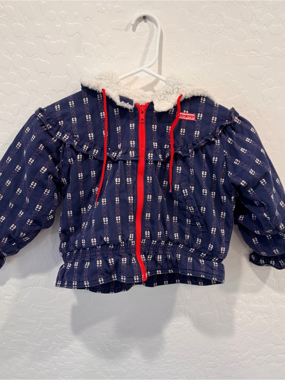 VTG Oshkosh Sherpa Lined Denim Coat Girls 4 Floral Flowers Stripe USA Hood